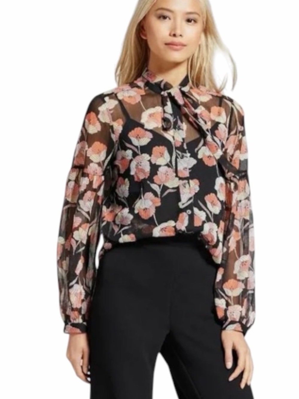 Who What Wear Black Sheer Floral Tie-Neck Blouse with Pink & Cream Flowers